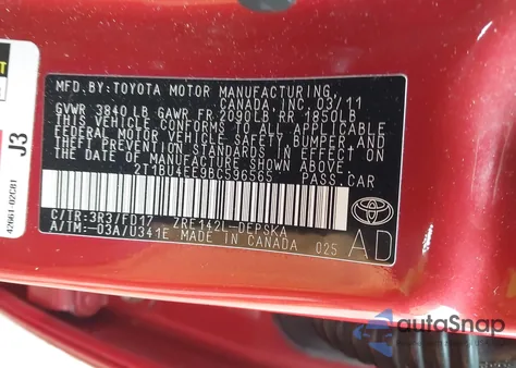 2011 Toyota Corolla S из США, поврежденный, VIN 2T1BU4EE9BC596565